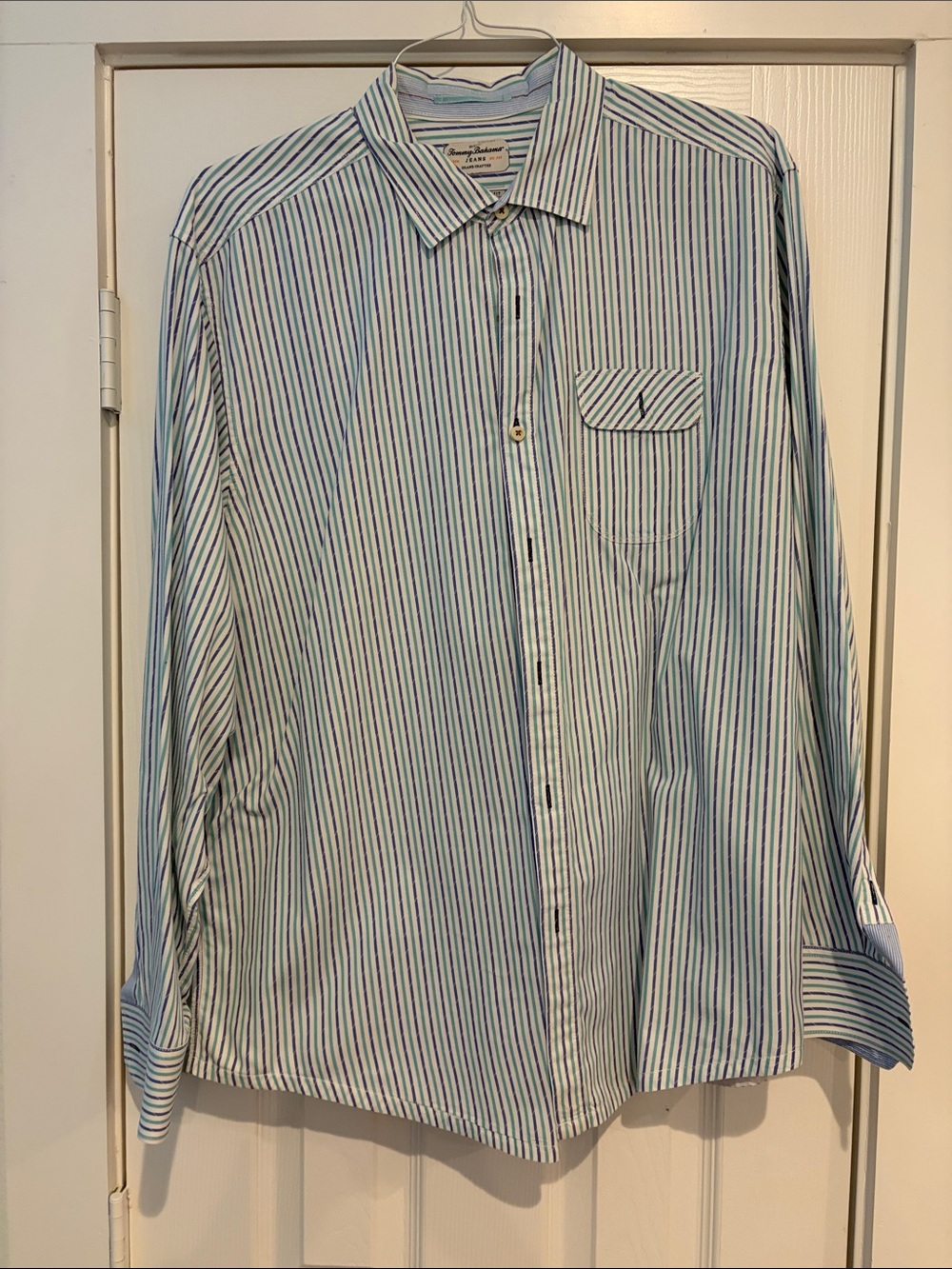 Tommy Bahama Blue and White Vertical Stripe Dress Shirt